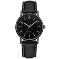 Detailed view of the quartz watch featuring a black dial and stitched leather strap - Black Dial Black Strap
