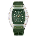Macro-opname van tonneau quartzhorloge met groene wijzerplaat en transparante kast - Groen