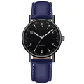 Macro shot of dark blue leather strap and black dial on luminous quartz watch - Gunmetal Black Dial Blue Strap