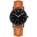 Detailed macro of simple quartz watch with black dial and brown leather stitched strap - Gunmetal Black Dial Brown Strap