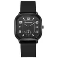 Detail of square black quartz watch dial with white numerals and soft silicone strap - Black