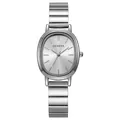 Macro detail of silver oval watch face with sunray texture and metal link bracelet - Silver