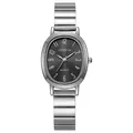 Macro view of the silver oval case and grey sunray dial on this alloy quartz watch - Black
