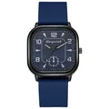Detailed macro view of the square black watch case with blue silicone strap and dial - Blue