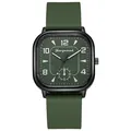 Macro detail of square dark green watch dial with grid pattern and black metal case - Green