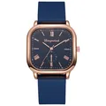 Dettaglio orologio quadrato oro rosa con quadrante romano blu e cinturino in silicone - Blu