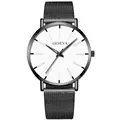 Minimalist Geneva quartz watch with white dial and black mesh stainless steel band - White Dial Black Font Black Strap