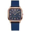 Close-up of square rose gold watch case with navy blue grid texture dial and numeric markers - Blue