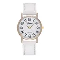 Elegant Geneva quartz watch with white shell dial and golden case on white leather strap - White
