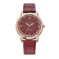 Women's quartz watch with rose gold case, deep red sunburst dial and leather strap - Burgundy