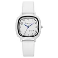 Minimalist square quartz watch for women featuring white leather strap and blue hands - White