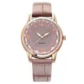 Women's quartz watch with rose gold case and purple leather strap on white background - Purple