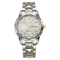 Detailed macro view of dual-tone steel watch with date display and textured bezel - Two-tone Silver Gold White Dial