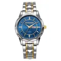 Luminous quartz men's watch with two-tone steel strap and blue sunray dial showing dual date - Two-tone Silver Gold Blue Dial