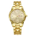Detailed view of gold quartz watch with double calendar display and crystal markers - Gold