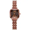 Montre carrée élégante en or rose avec cadran brun soleil et bracelet à maillons métalliques - Noir