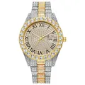 Luxury rhinestone steel watch with gold-tone accents, Roman numerals and date window - Two-tone (Gold & Silver)