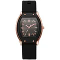 Detail of rose gold tonneau case with black bezel and grey brushed dial on silicone watch - Black