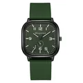 Detail view of square green quartz watch with textured dial and silicone strap - Green