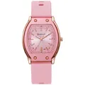 Detailed view of the rose gold tonneau case and pink silicone strap on this quartz watch - Pink