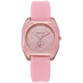 Detail van roségouden horlogekast met roze siliconen band en getextureerd patroon - Roze