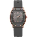 Detailed close-up of rose gold tonneau watch case with grey silicone strap and brushed dial - Gray