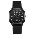 Detail of square quartz watch with black textured dial and flexible silicone strap - Black