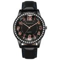 Dettaglio della lunetta con diamanti e cinturino in pelle con cuciture blu a contrasto - Oro Rosa Nero Cucitura Blu