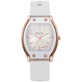 Close-up of white silicone strap and rose gold tonneau-shaped case of quartz watch - White