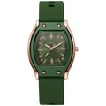 Macro detail of dark green tonneau watch face with rose gold metal bezel and silicone strap - Green