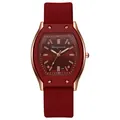 Detalle de la correa de silicona rojo vino y caja de reloj de cuarzo tonneau oro rosa - Rojo