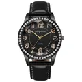 Dettaglio dell'orologio al quarzo da donna con lunetta in strass e cinturino in pelle - Oro Nero Cucitura Bianca
