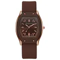 Detalle de reloj tonneau de oro rosa con correa y esfera de silicona marrón chocolate - Café
