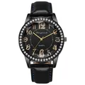 Detalle del reloj de cuarzo con pedrería brillante y correa de cuero con costura azul - Oro Negro Costura Azul
