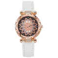 Reloj de mujer oro rosa con correa de cuero blanco y esfera de flores de cristal brillante - Blanco