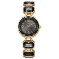 Détail de la montre quartz OUKI avec bracelet doré et cristaux noirs rectangulaires - Noir