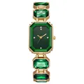 Montre de luxe dorée pour femme avec pierres vert émeraude et cadran octogonal serti - Vert Foncé