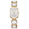 Détail d'une montre à quartz dorée avec bracelet à grands maillons en cristal - Blanc