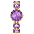 Vue détaillée d'une montre à quartz dorée avec cadran violet et pierres précieuses - Violet