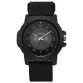 Detail of quartz watch featuring unique word hour markers and black nylon sport strap - White
