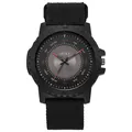 Macro shot of a black sports quartz watch with creative text hour markers and nylon strap - Red