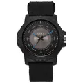 Detail of OUKI quartz watch featuring black nylon strap and unique English word hour markers - Blue