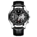 Reloj de hombre con esfera grande, correa de cuero negro y función de calendario - Caja Plateada Esfera Negra Correa Negra