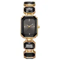 Vue macro détaillée d'une montre à quartz dorée avec pierres noires et accents de strass - Noir