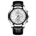 Reloj cronógrafo para hombre con esfera plateada, bisel taquímetro y correa de cuero negro - Caja Plateada Esfera Blanca Correa Negra