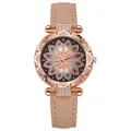 Orologio donna oro rosa con quadrante floreale, cristalli e cinturino in pelle - Beige