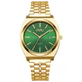 Vista dettagliata dell'orologio al quarzo con cinturino in acciaio dorato e quadrante verde - Cassa Oro Quadrante Verde