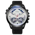 Detail of OUKI men's watch featuring a skeleton dial and perforated black rubber strap - Black Case White Dial