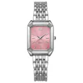 Detalle de reloj de acero plateado con caja octagonal y esfera rosa con el logo de cuarzo - Rosa Plata