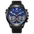 Macro detail of men's quartz watch featuring a sunburst blue dial and hollow rubber strap - Black Case Black Dial